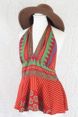 Sydney Halter Top - Crimson & Green Vintage Indian Sari - XS - M