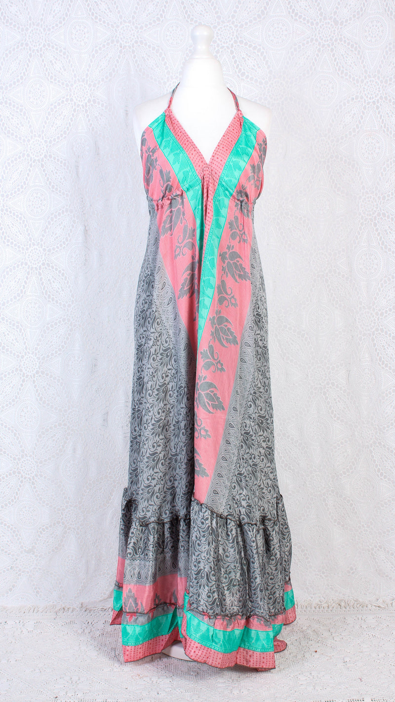 Blossom Halter-Neck Maxi Dress - Pink, Grey & Aqua Floral Sari (Free Size)