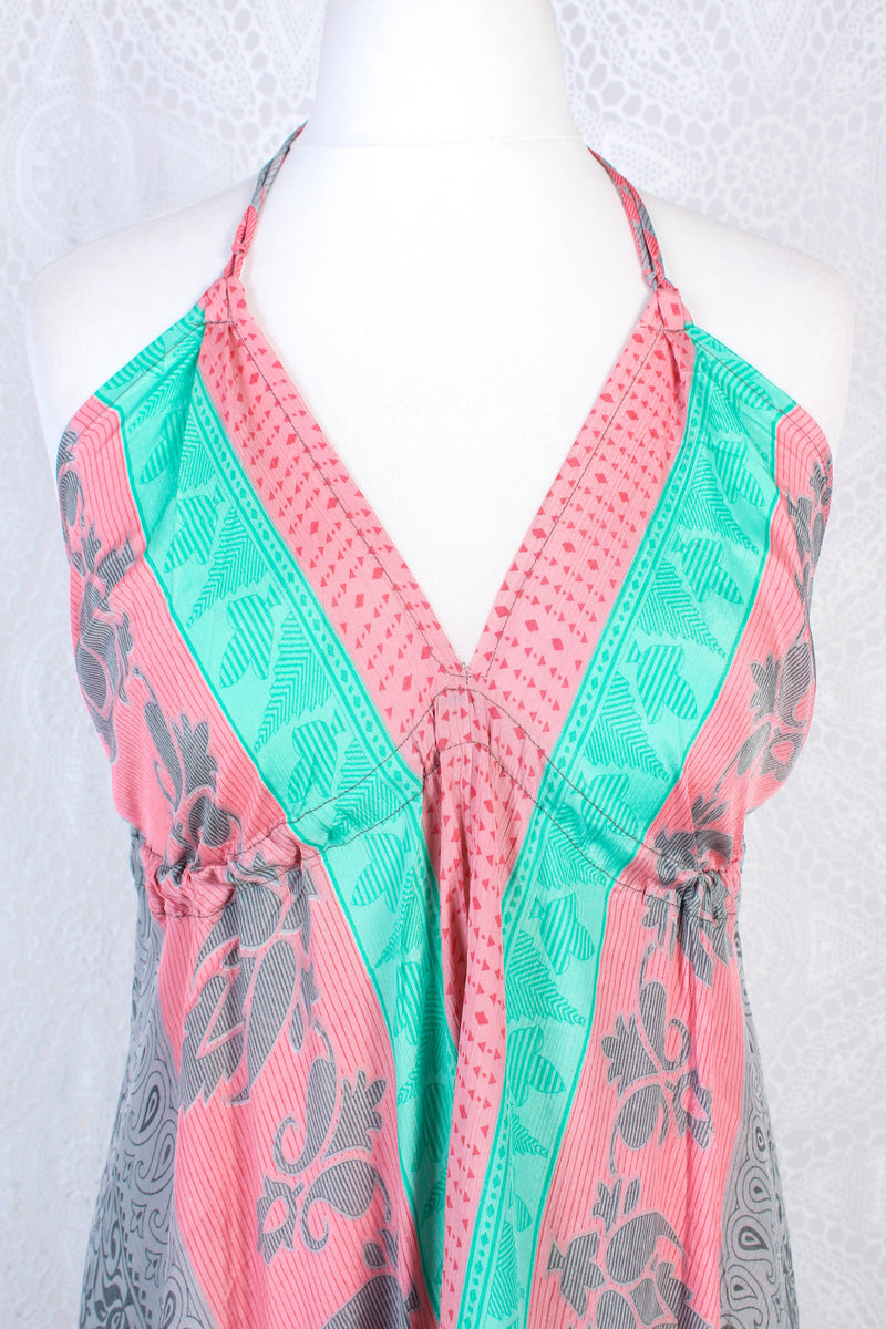Blossom Halter-Neck Maxi Dress - Pink, Grey & Aqua Floral Sari (Free Size)