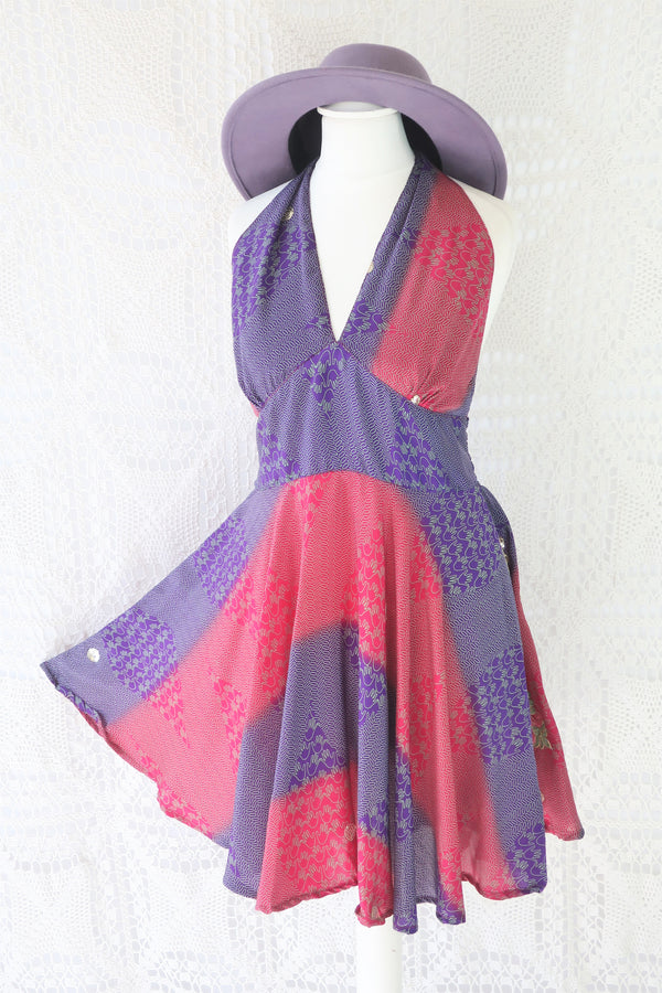 Sydney Mini Halter Dress - Purple Embroidered Vintage Indian Sari - XS - M