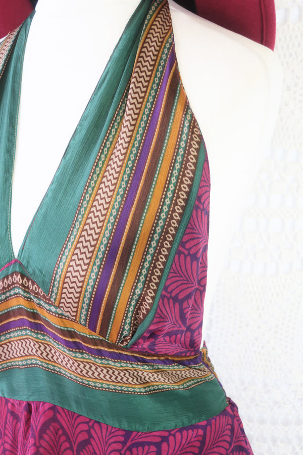 Sydney Mini Halter Dress - Plum & Pine Vintage Indian Sari - XS - S