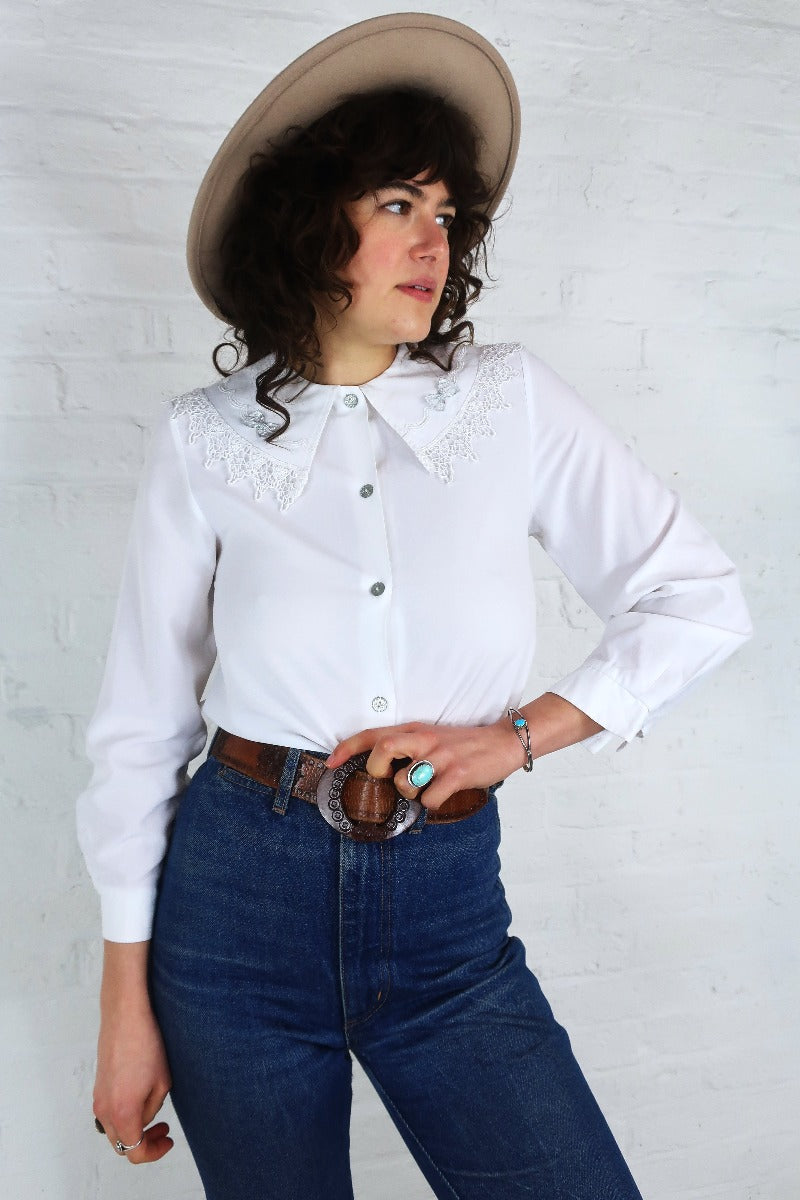Vintage White Oversized Lace Collar Blouse - Size S by all about audrey