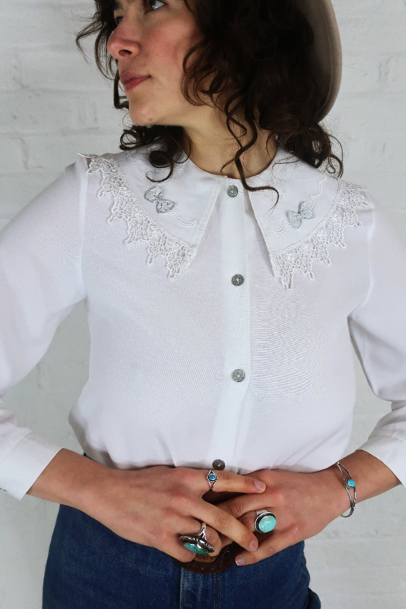 Vintage White Oversized Lace Collar Blouse - Size S by all about audrey