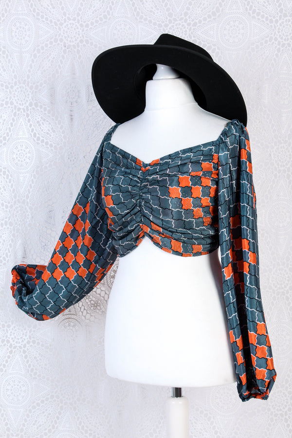 Ariel Top - Vintage Indian Sari - Slate & Orange Graphic with Sparkles - S/M