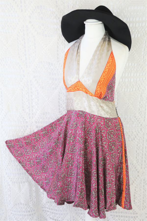 SALE Sydney Mini Halter Dress - Pink & Pewter Vintage Indian Sari - XS - M