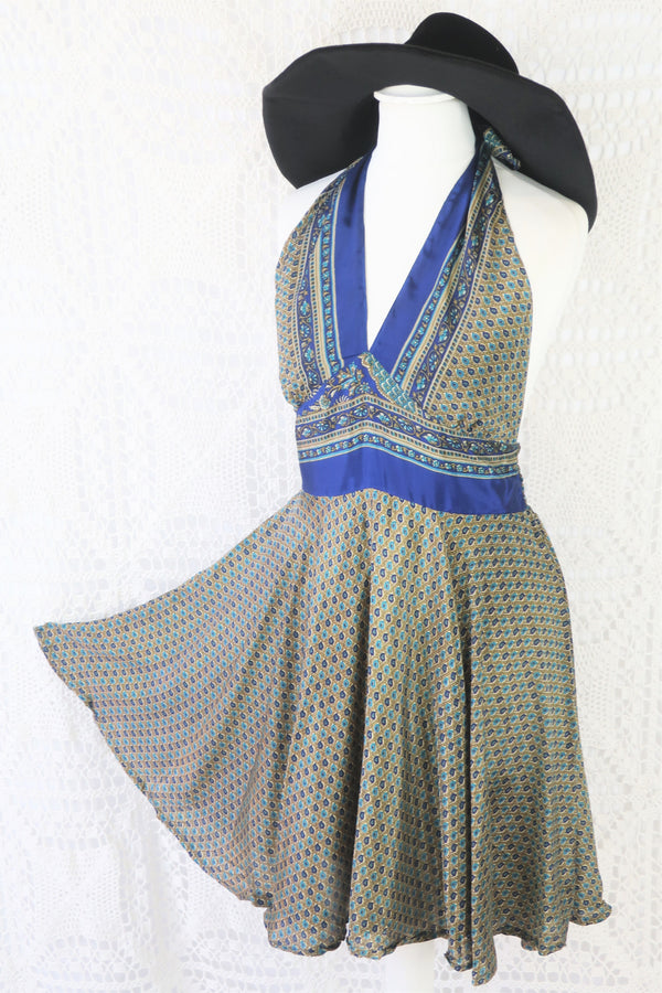 Sydney Mini Halter Dress - Fawn & Navy Vintage Indian Sari - XXS - S