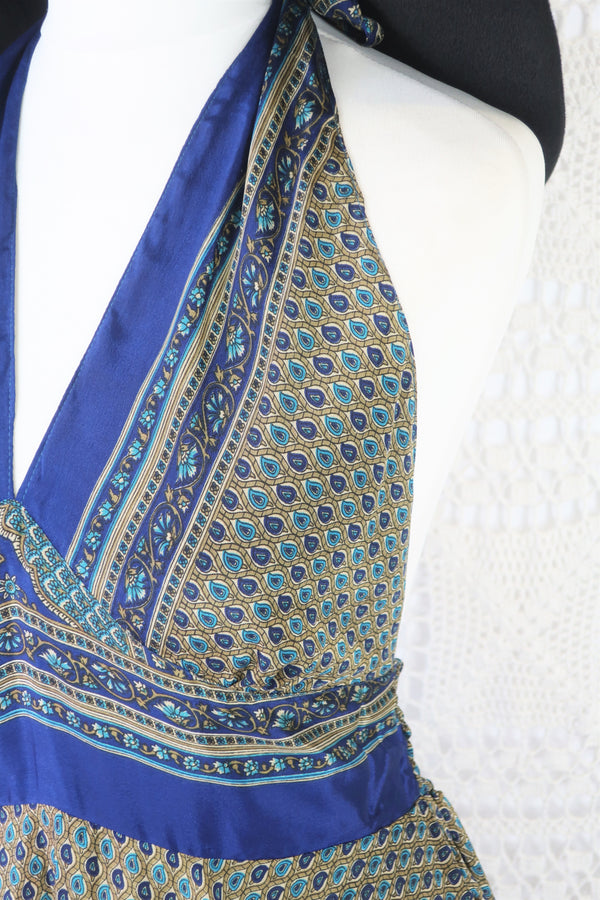 Sydney Mini Halter Dress - Fawn & Navy Vintage Indian Sari - XXS - S