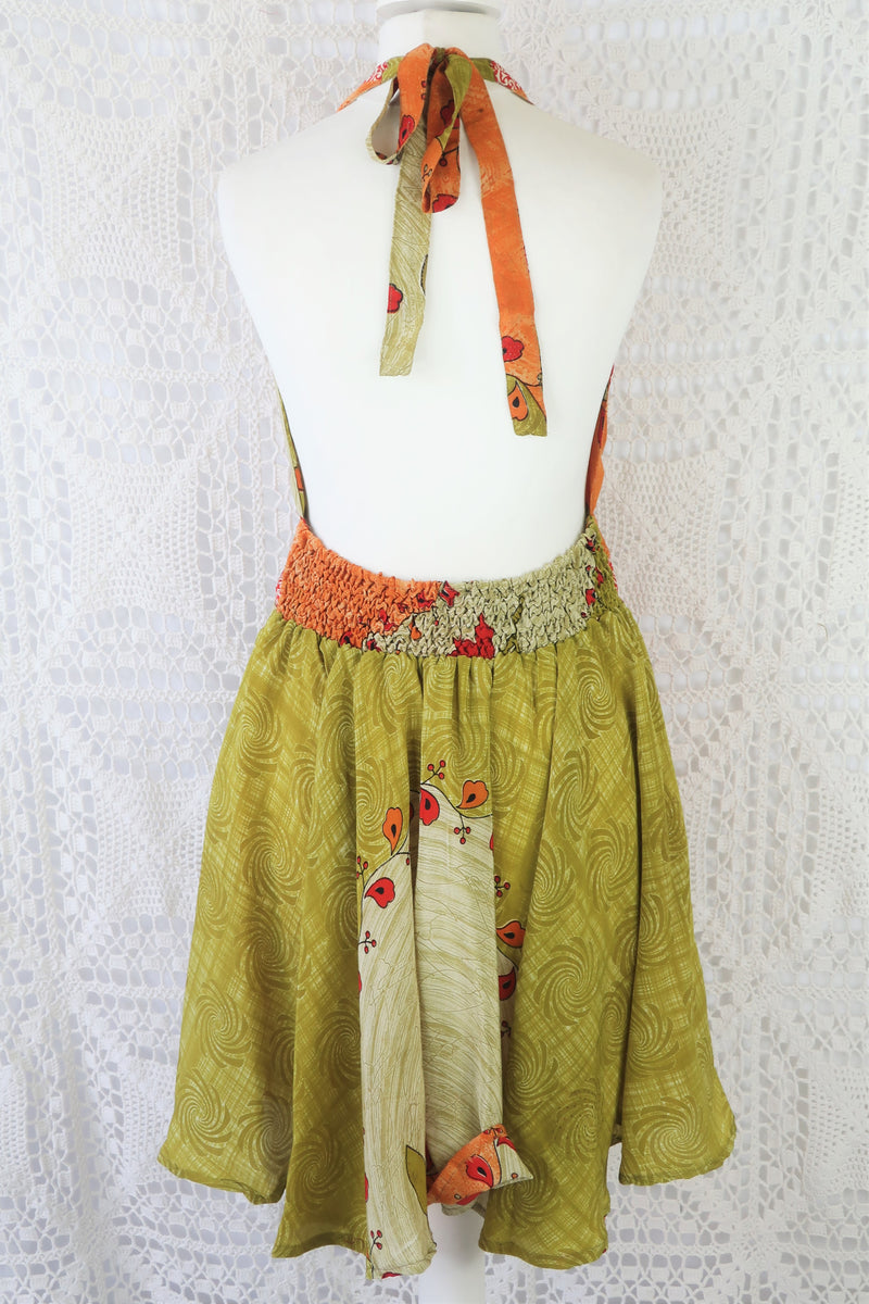 Sydney Mini Halter Dress - Lime & Orange Vintage Indian Sari - XS - M