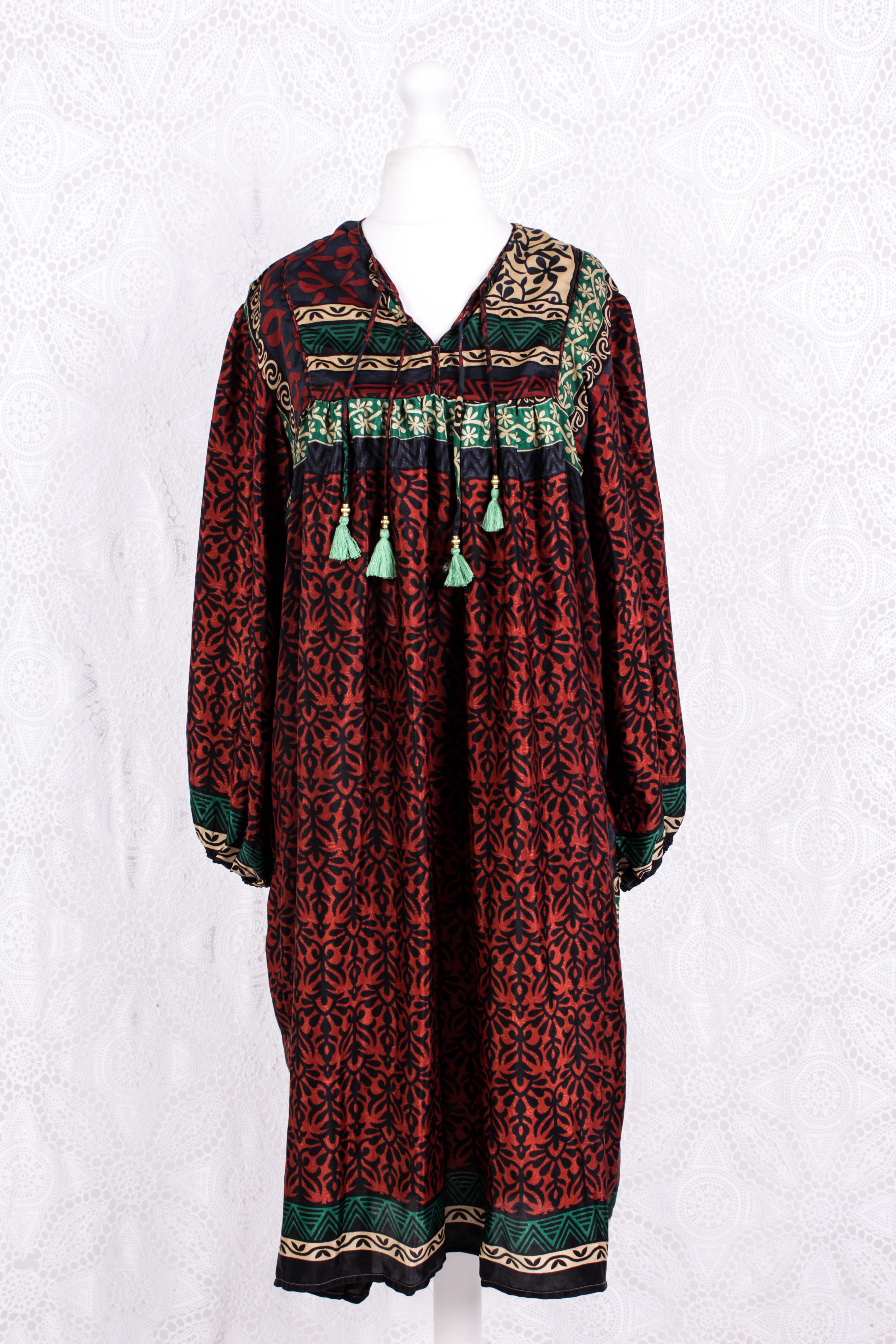 Daphne Smock Dress - Vintage Indian Sari - Russet Navy & Green Floral - M/L