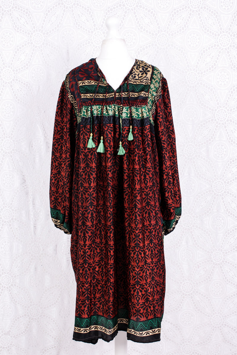 Daphne Smock Dress - Vintage Indian Sari - Russet Navy & Green Floral - M/L
