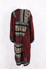 Daphne Smock Dress - Vintage Indian Sari - Russet Navy & Green Floral - M/L
