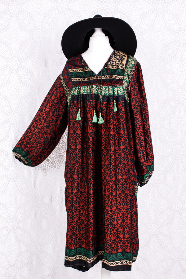 Daphne Smock Dress - Vintage Indian Sari - Russet Navy & Green Floral - M/L