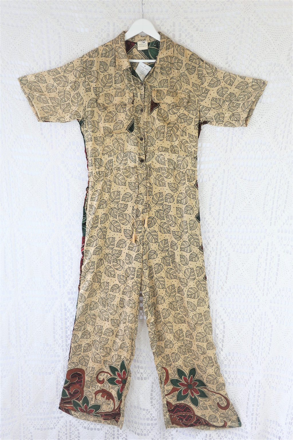 Billie Jumpsuit - Vintage Indian Sari - Antique Gold & Onyx Falling Leaves - S/M