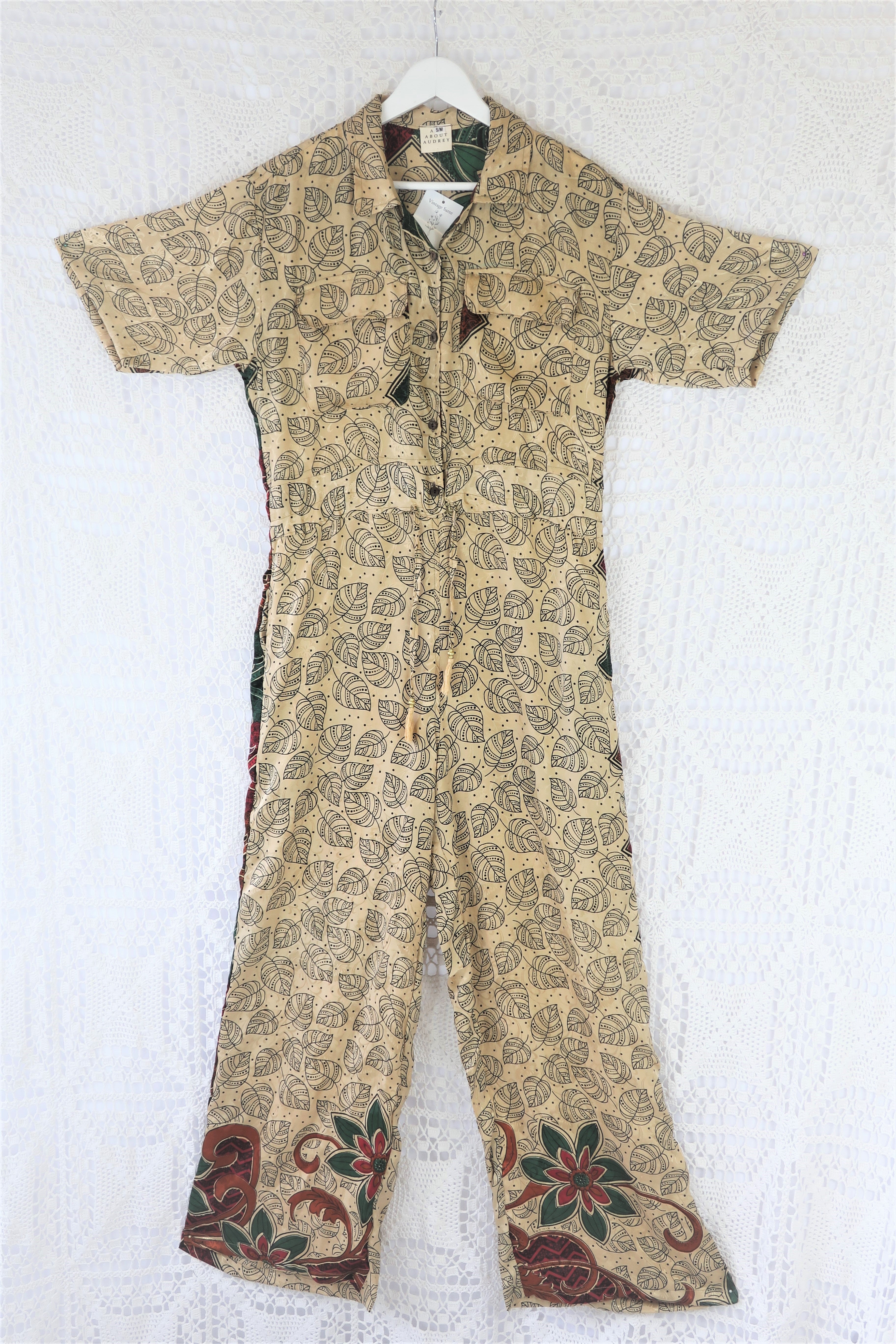 Billie Jumpsuit - Vintage Indian Sari - Antique Gold & Onyx Falling Leaves - S/M