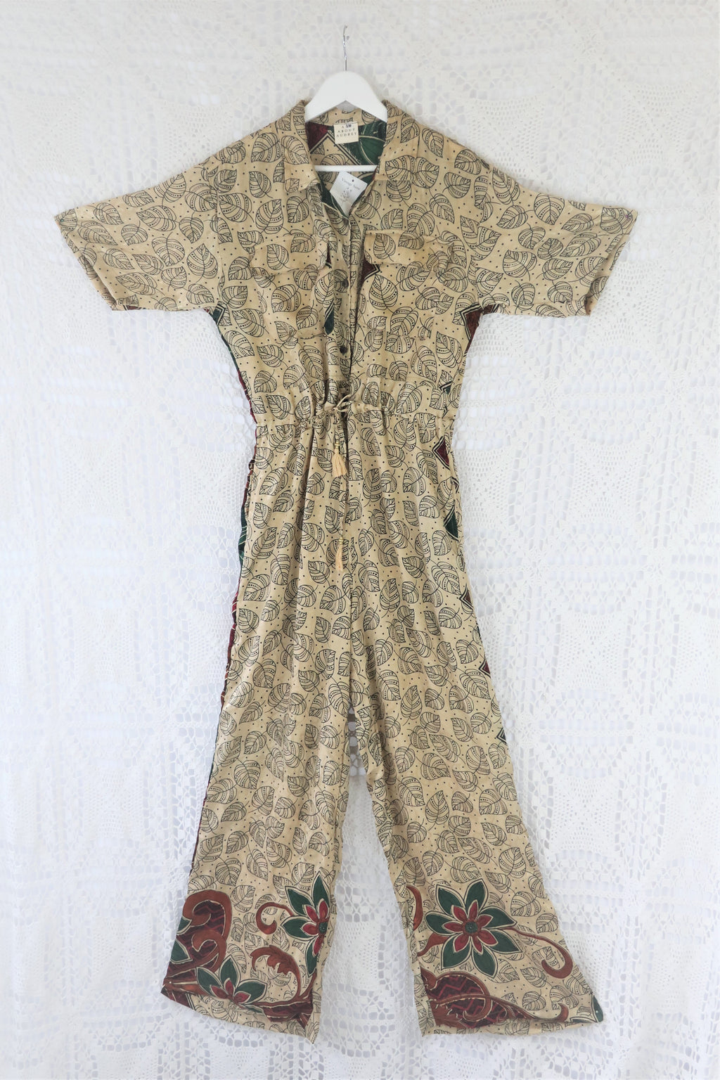 Billie Jumpsuit - Vintage Indian Sari - Antique Gold & Onyx Falling Leaves - S/M