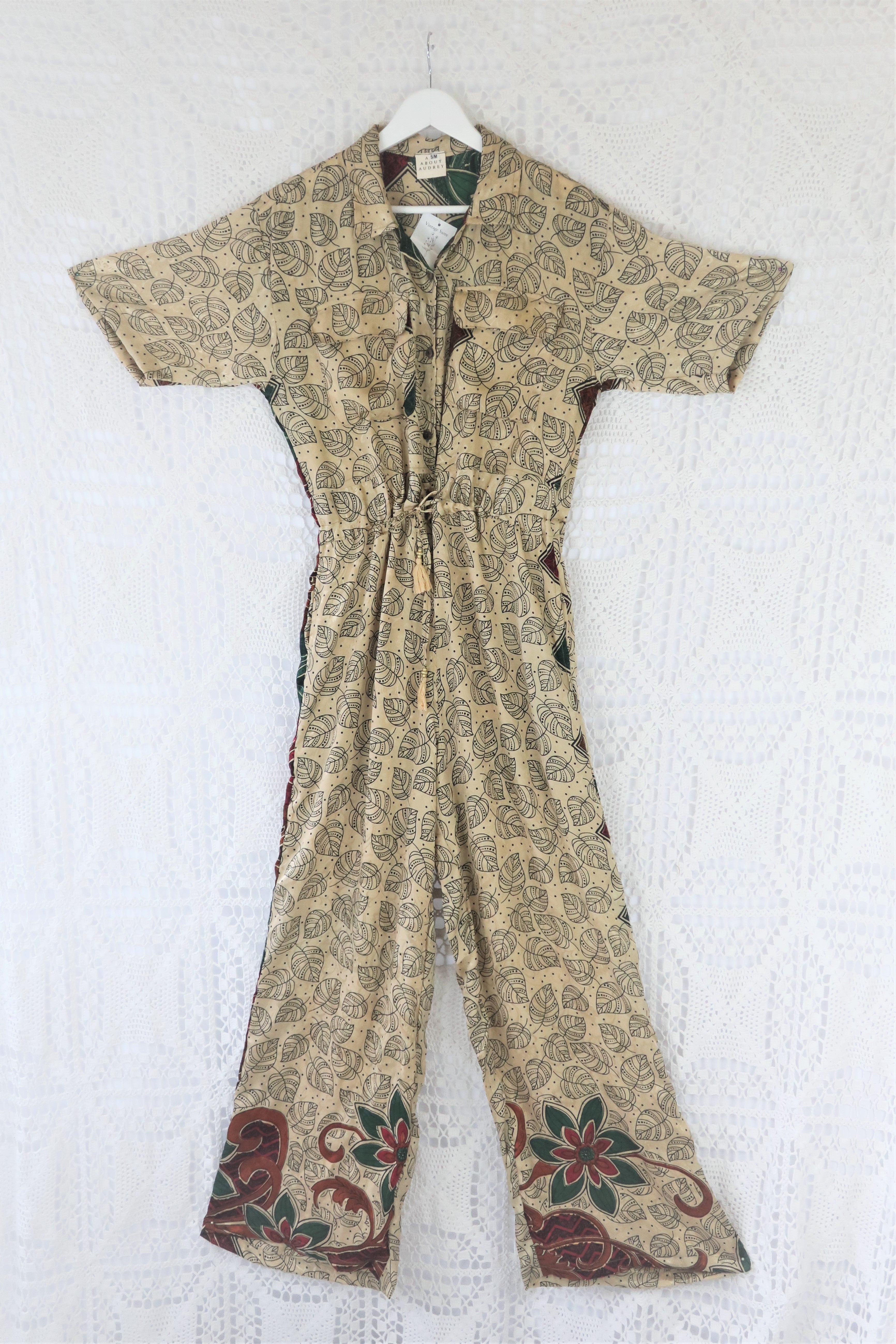 Billie Jumpsuit - Vintage Indian Sari - Antique Gold & Onyx Falling Leaves - S/M