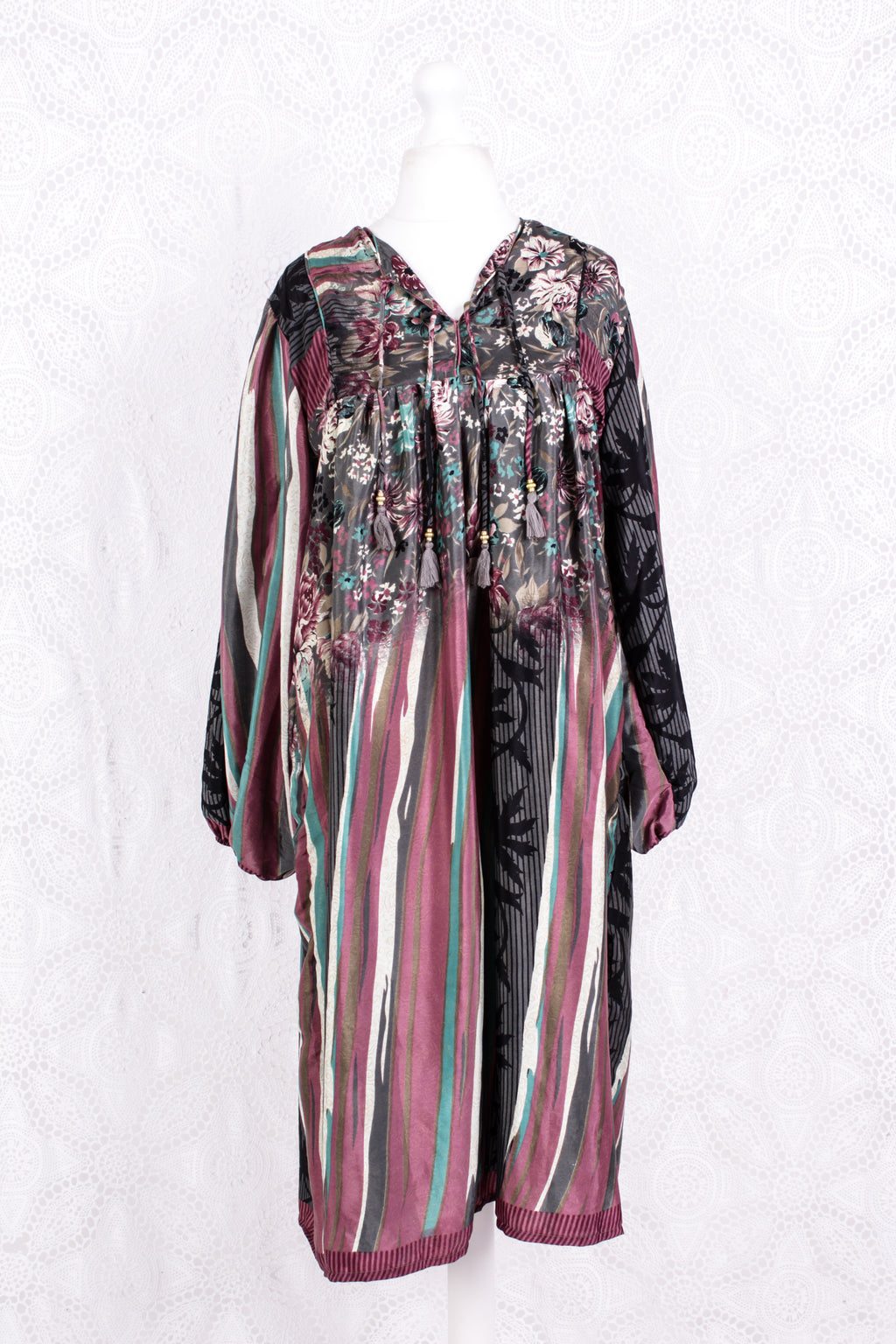 Daphne Smock Dress - Vintage Indian Sari - Painted Floral - M/L