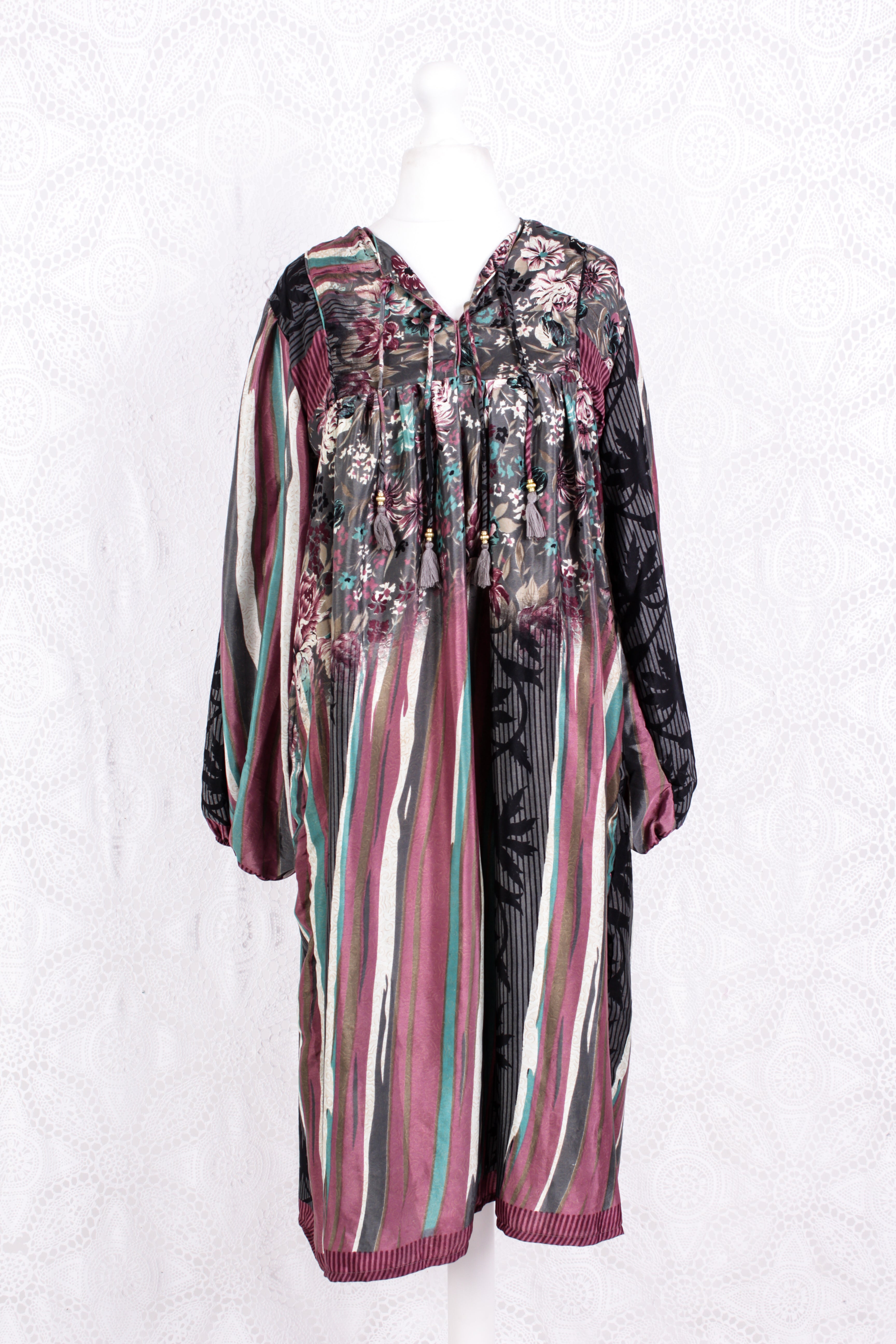 Daphne Smock Dress - Vintage Indian Sari - Painted Floral - M/L