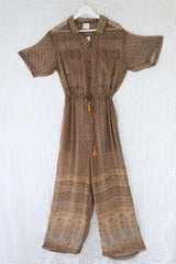 Billie Jumpsuit - Vintage Indian Sari - Sheer Mink & Gold Antique Floral - M/L