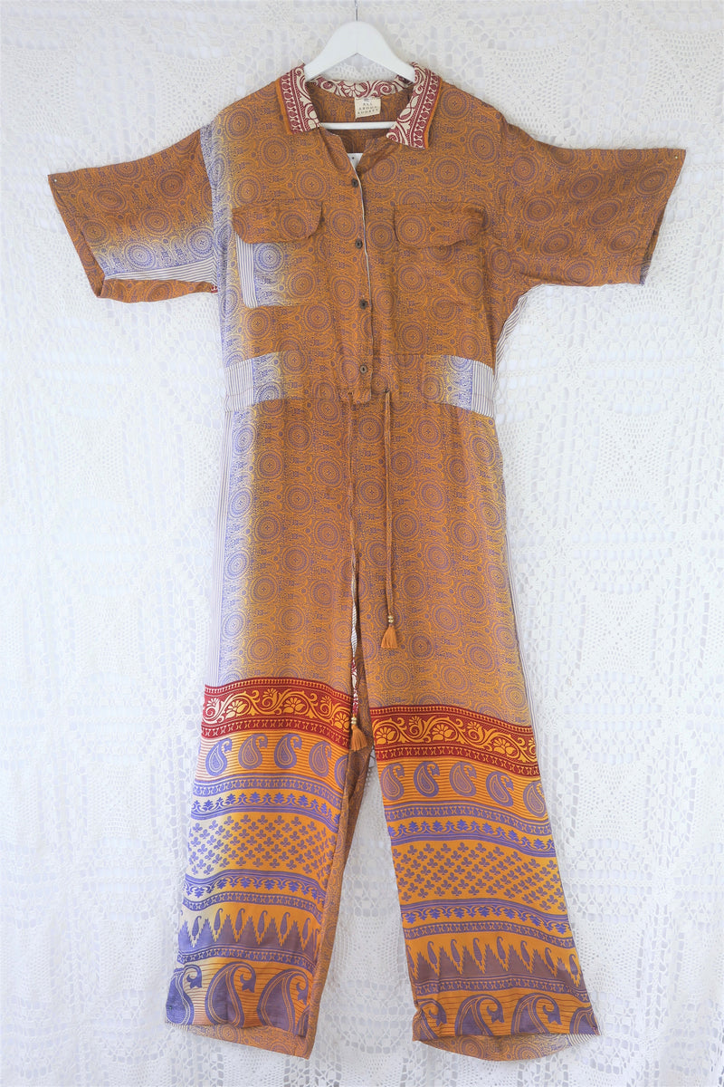 Billie Jumpsuit - Vintage Indian Sari - Turmeric & Lavender Paisley Mandalas - M/L