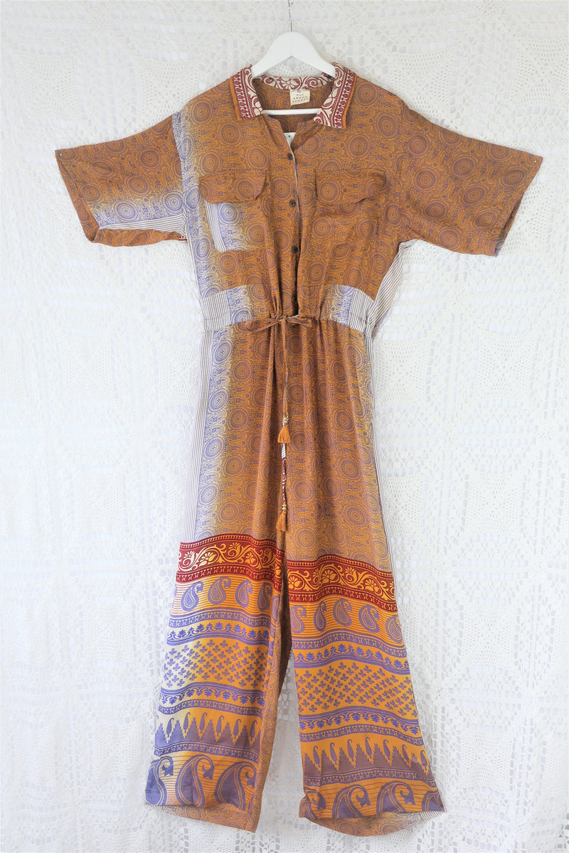Billie Jumpsuit - Vintage Indian Sari - Turmeric & Lavender Paisley Mandalas - M/L