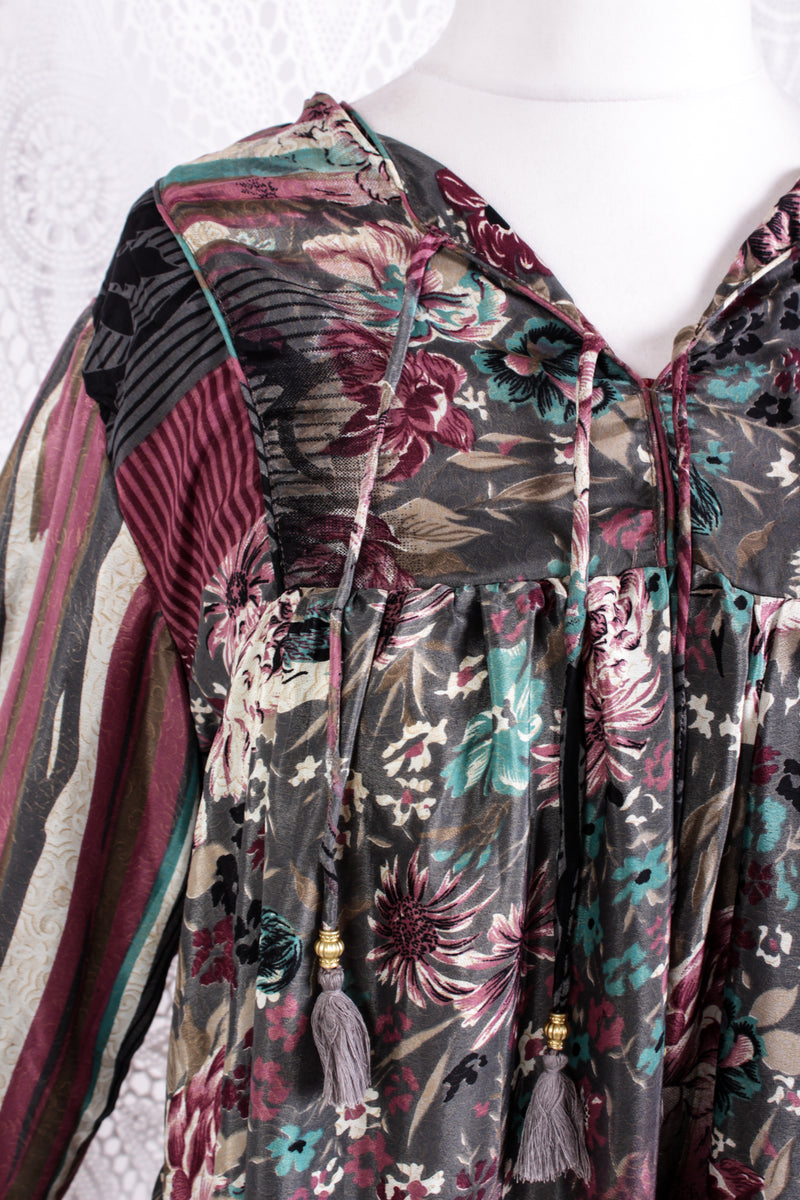 Daphne Smock Dress - Vintage Indian Sari - Painted Floral - M/L