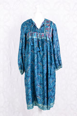 Daphne Smock Dress - Vintage Indian Sari - Shimmering Deep Blue - M/L