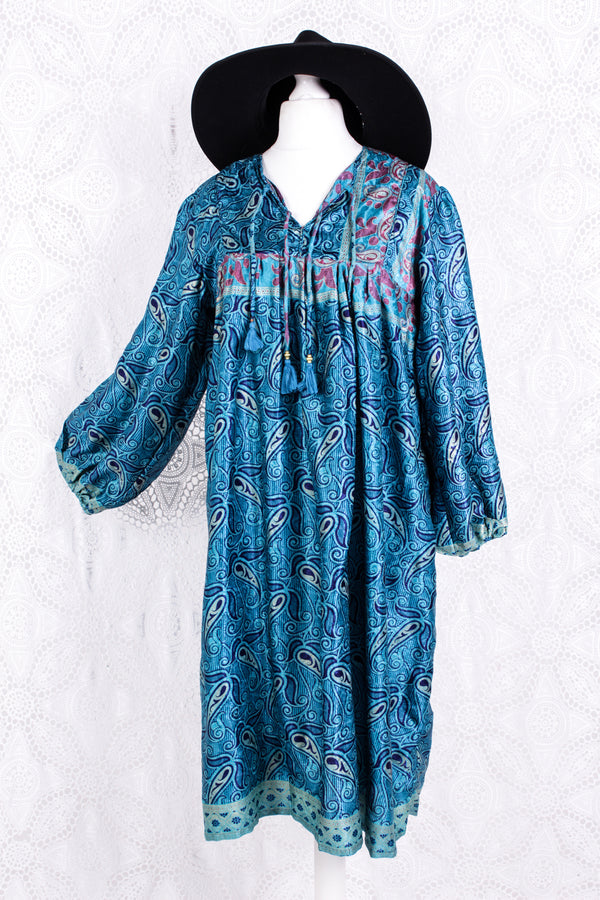 Daphne Smock Dress - Vintage Indian Sari - Shimmering Deep Blue - M/L