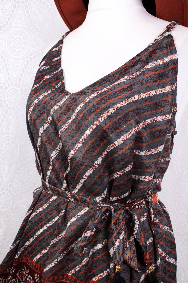 Jamie Dress - Indian Sari Slip Dress - Pewter, Mahogany & Copper - Size M/L