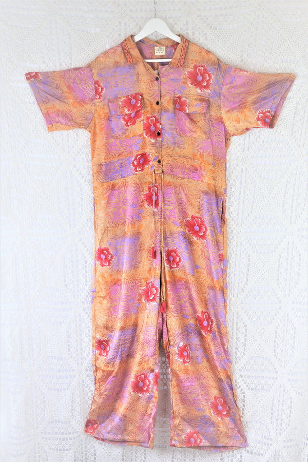 Billie Jumpsuit - Vintage Indian Sari - Peachy Sunset & Lilac Bold Floral - XL