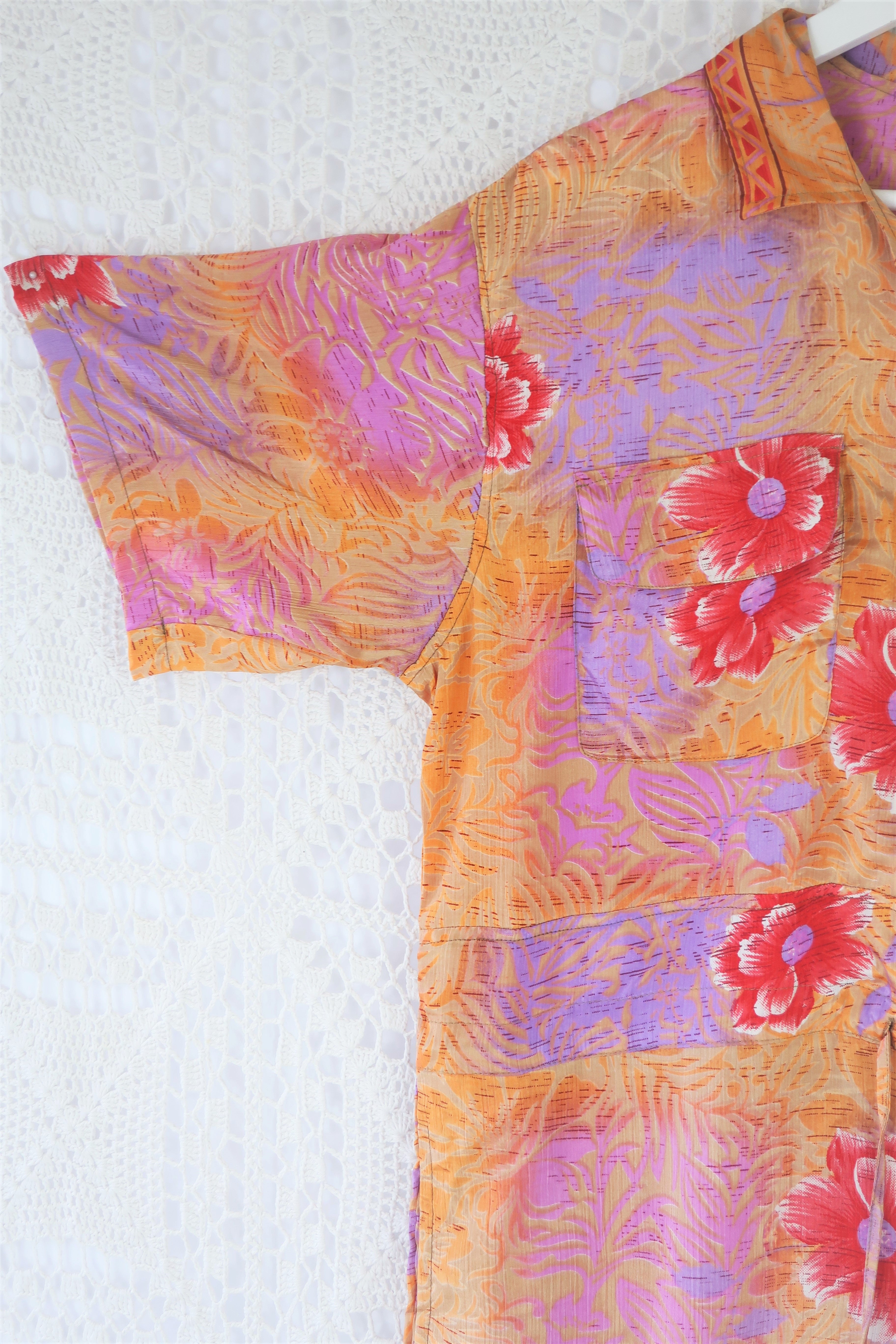 Billie Jumpsuit - Vintage Indian Sari - Peachy Sunset & Lilac Bold Floral - XL