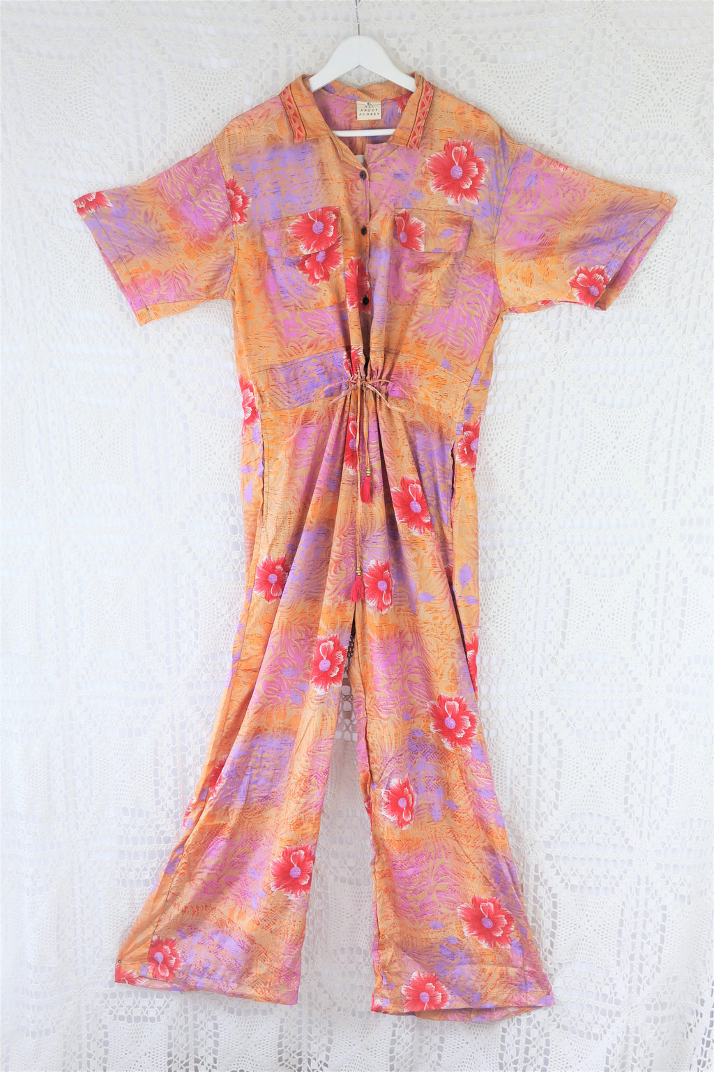Billie Jumpsuit - Vintage Indian Sari - Peachy Sunset & Lilac Bold Floral - XL