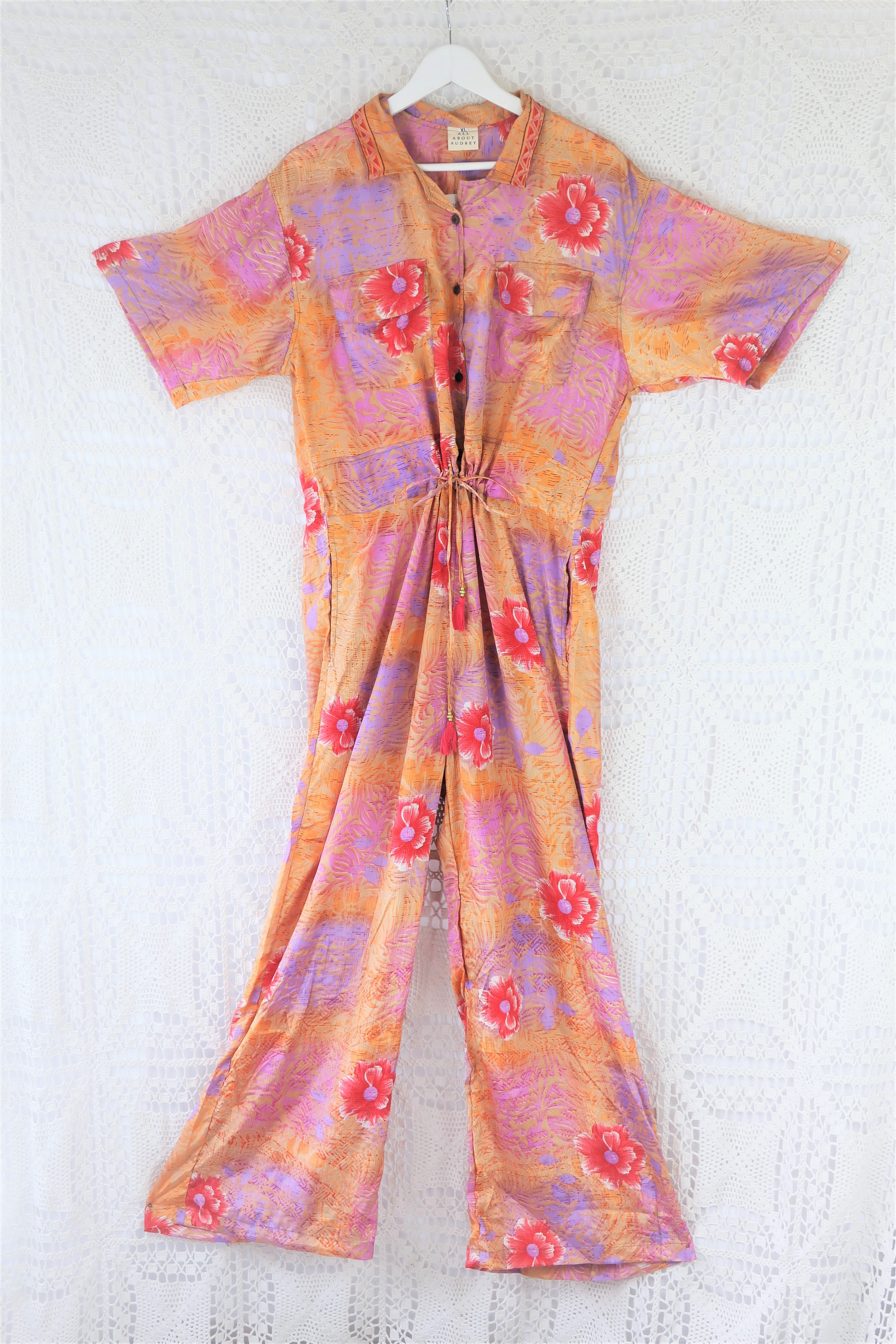 Billie Jumpsuit - Vintage Indian Sari - Peachy Sunset & Lilac Bold Floral - XL