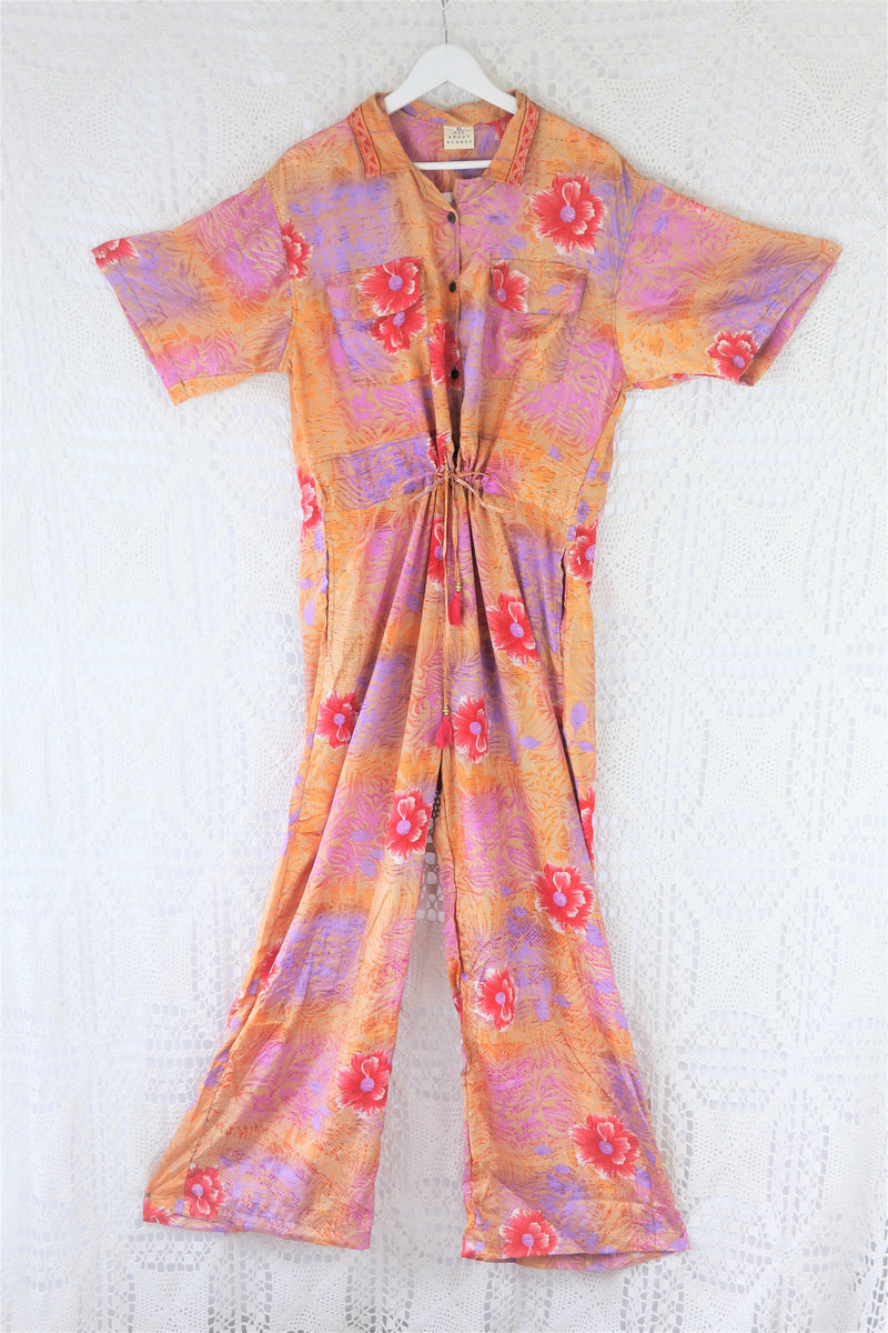 Billie Jumpsuit - Vintage Indian Sari - Peachy Sunset & Lilac Bold Floral - XL