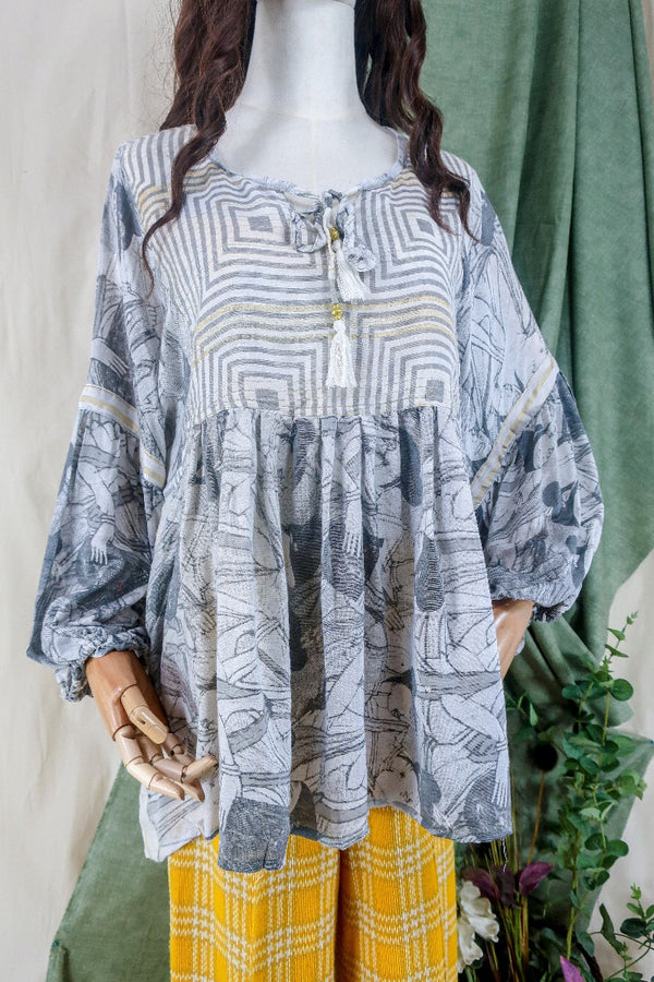 Daisy Boho Top - Monochrome Grey & Gold Detail - Vintage Indian Cotton - Size XXL by all about audrey