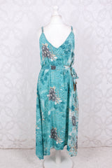 Jamie Dress - Indian Sari Slip Dress - Turquoise & Aqua Floral - Size M/L