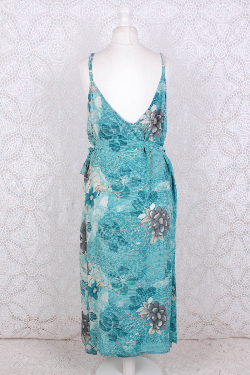 Jamie Dress - Indian Sari Slip Dress - Turquoise & Aqua Floral - Size M/L