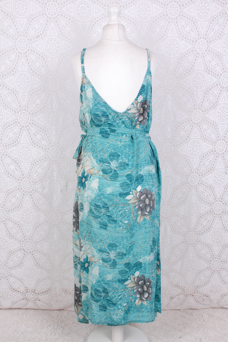 Jamie Dress - Indian Sari Slip Dress - Turquoise & Aqua Floral - Size M/L