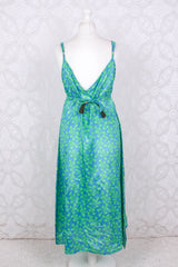 Jamie Dress - Indian Sari Slip Dress - Blue & Neon Green - Size S/M