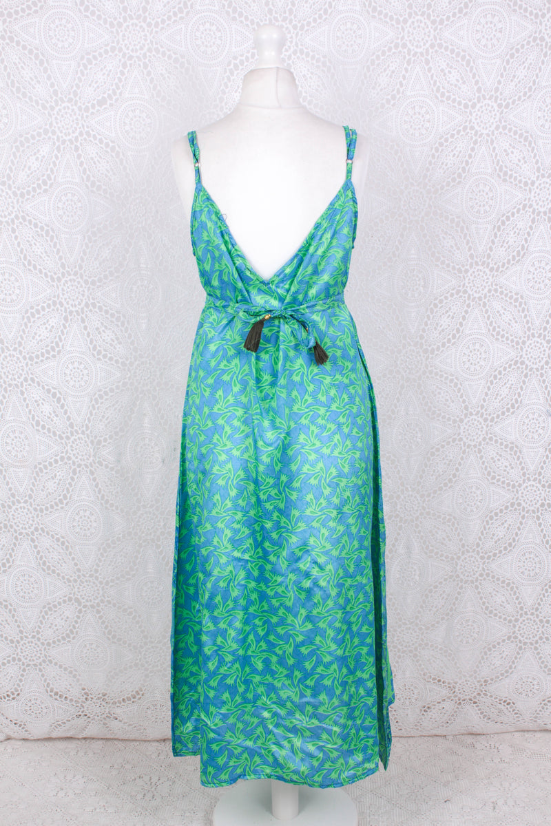 Jamie Dress - Indian Sari Slip Dress - Blue & Neon Green - Size S/M