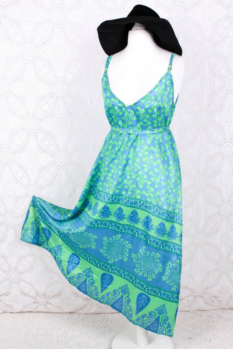 Jamie Dress - Indian Sari Slip Dress - Blue & Neon Green - Size S/M