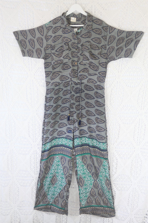 Billie Jumpsuit - Vintage Indian Sari - Slate, Navy & Stone Paisley - S/M