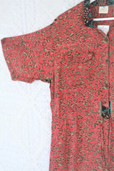 Billie Jumpsuit - Vintage Indian Sari - Deep Coral Pink & Teal Swirl - M/L