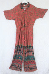 Billie Jumpsuit - Vintage Indian Sari - Deep Coral Pink & Teal Swirl - M/L