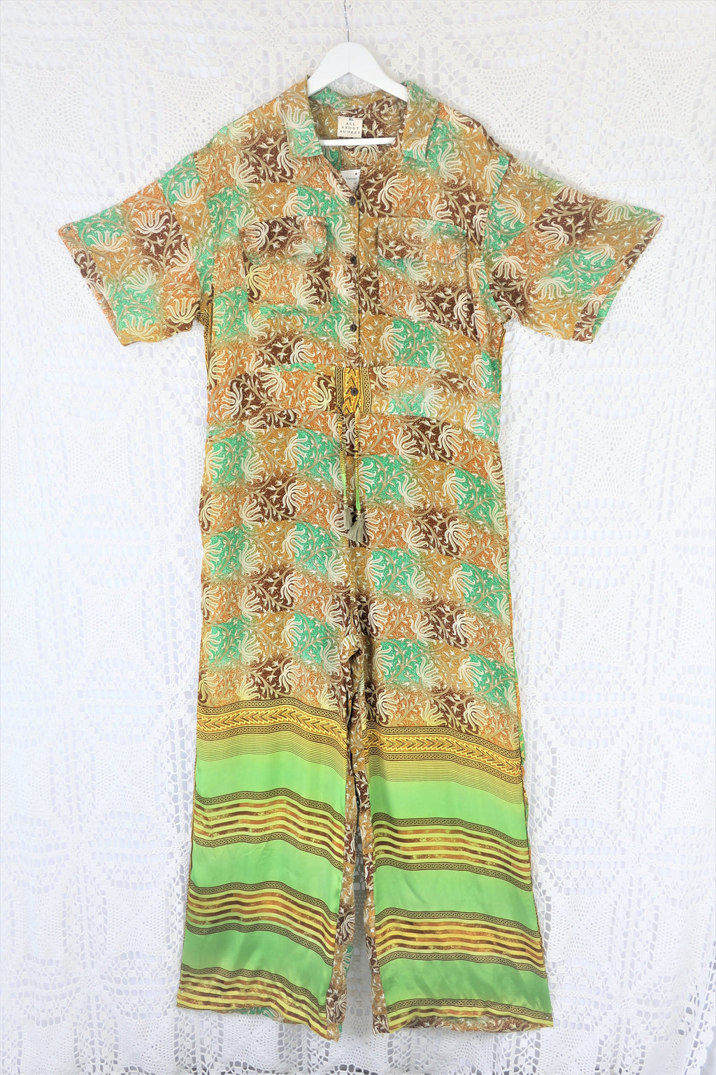 Billie Jumpsuit - Vintage Indian Sari - Earth Toned & Lime Checkered Print - XL