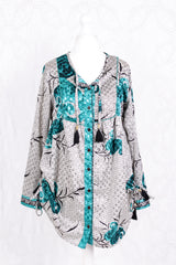 Jude Tunic Top - Vintage Indian Sari - White Teal & Jet Roses (S/M)