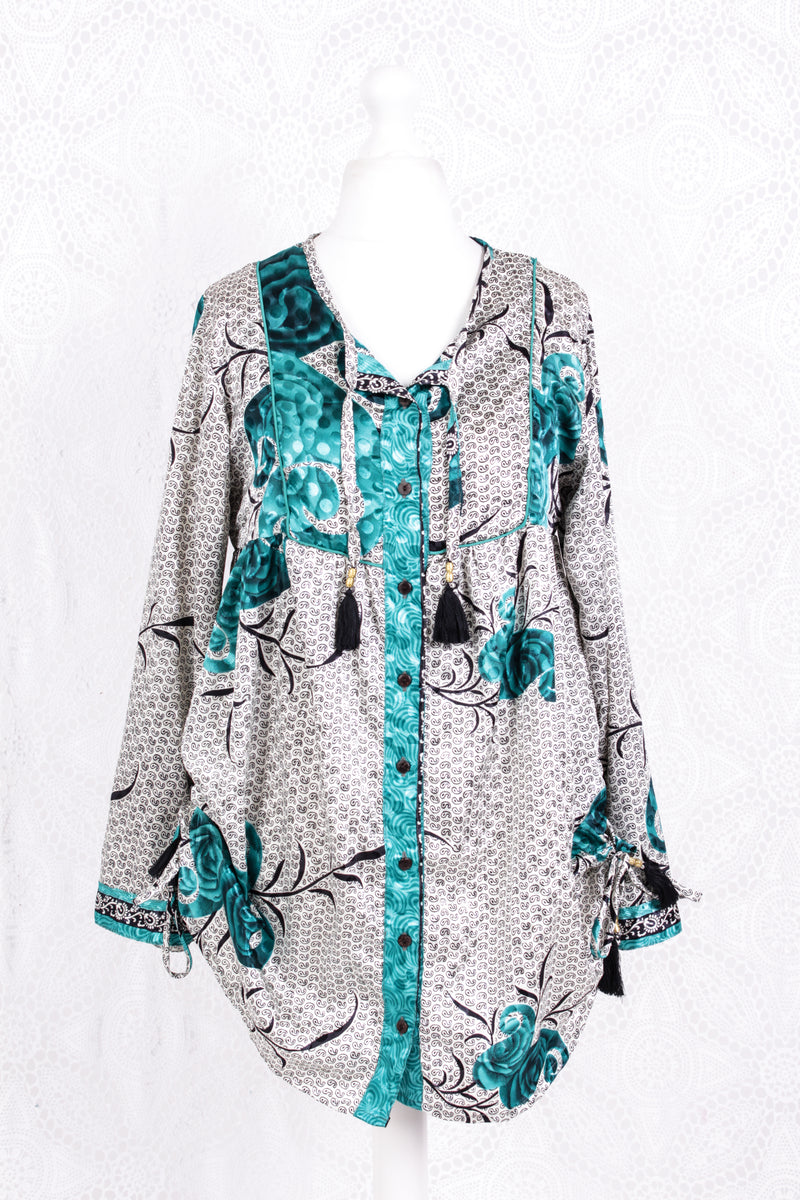 Jude Tunic Top - Vintage Indian Sari - White Teal & Jet Roses (S/M)