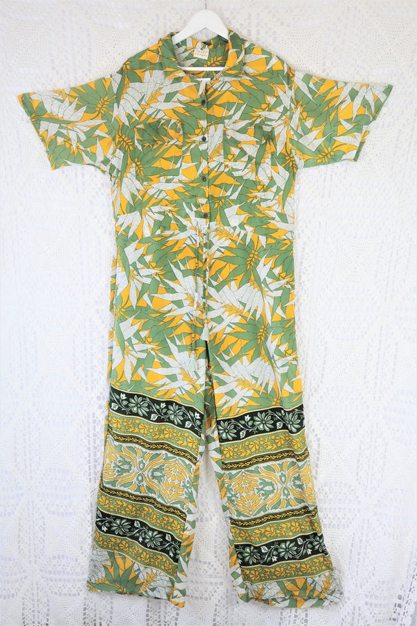 Billie Jumpsuit - Vintage Indian Sari - Pineapple & Sage Fern Block Print - XL