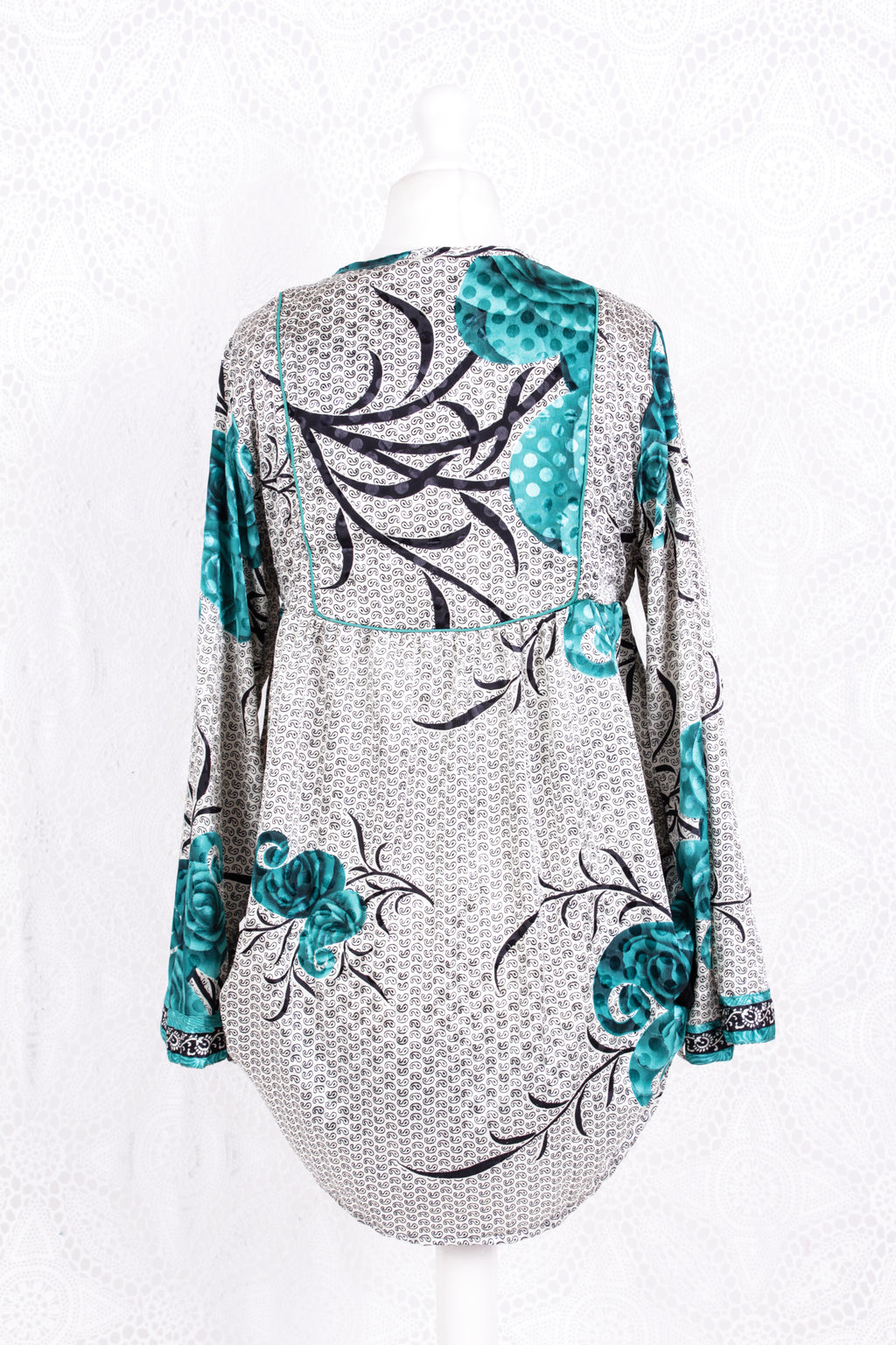 Jude Tunic Top - Vintage Indian Sari - White Teal & Jet Roses (S/M)