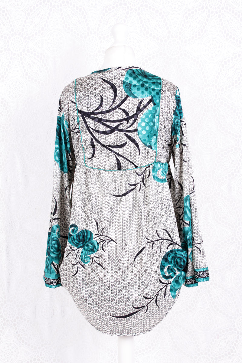 Jude Tunic Top - Vintage Indian Sari - White Teal & Jet Roses (S/M)
